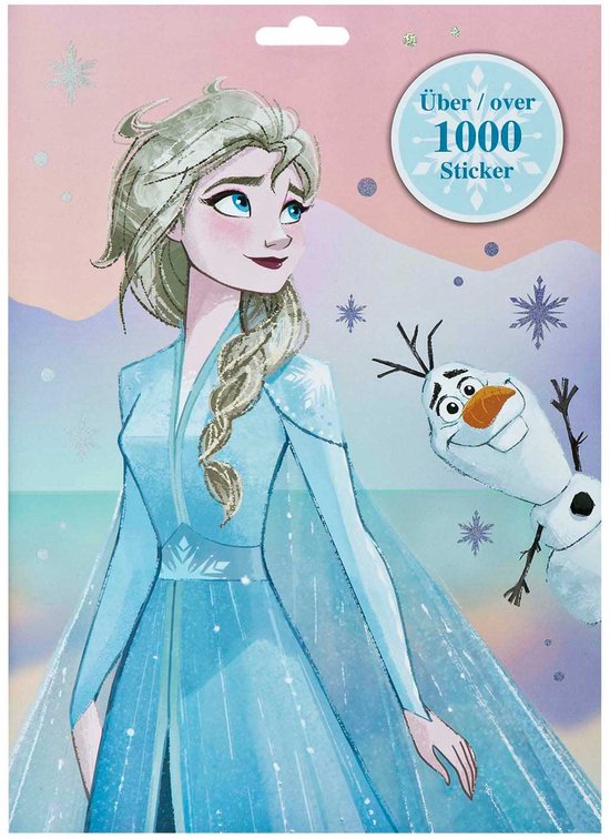 Verpakking van Frozen-stickers met Elsa in haar blauwe jurk en Olaf, met de tekst 'Über / over 1000 Sticker'.