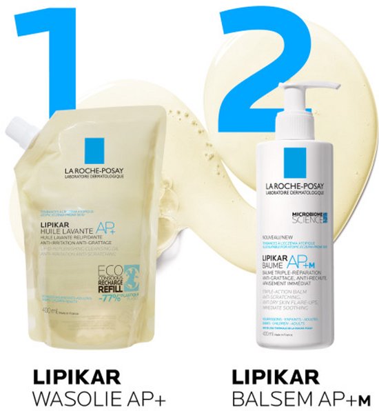 Gele navulzak naast een witte pompflacon. Tekst "LIPIKAR WASOLIE AP+" en "LIPIKAR BALSEM AP+M".