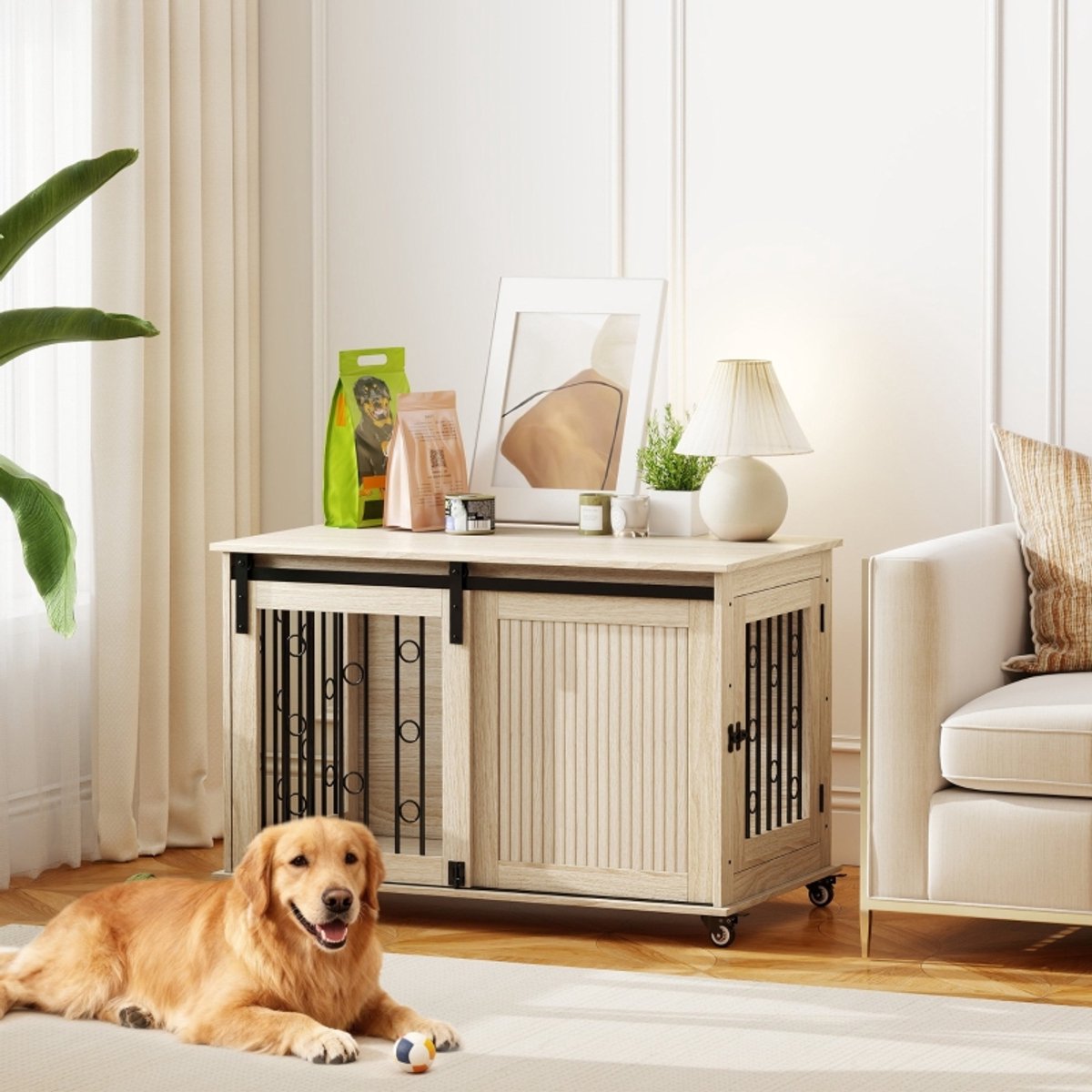 Hondenbench Op Wielen - Houten Hondenkooi Met Schuifdeur En Stalen Frame - Eiken Hondenkast Voor Middelgrote En Grote Honden 100x56x65 cm