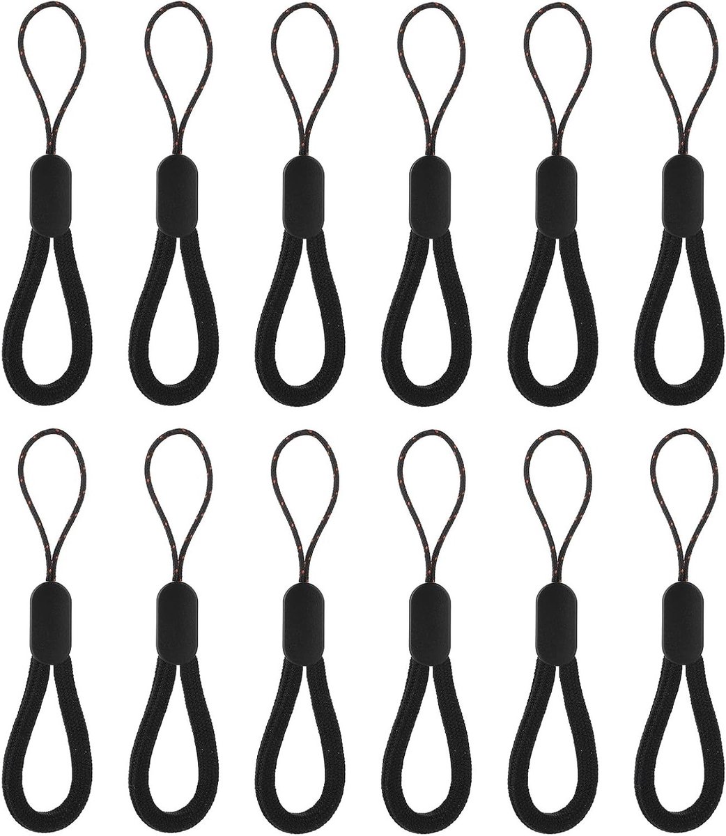 Verstelbare Vinger Lanyard - 4.7 Inch Pols- en Nekband voor Mobiele Telefoon, Camera, Sleutels en USB-Sticks (Zwart, 12 Stuks)