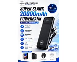 Super Slank 20000mAh-Powerbank - PD 22.5-WFS Power Pack Powerbank 20000 mAh – PD 22.5W Snelladen – Super Slank – Met Ingebouwde Kabels – USB-C & USB-A – LED Display – Externe Oplader-iPhone/Samsung- Zwart