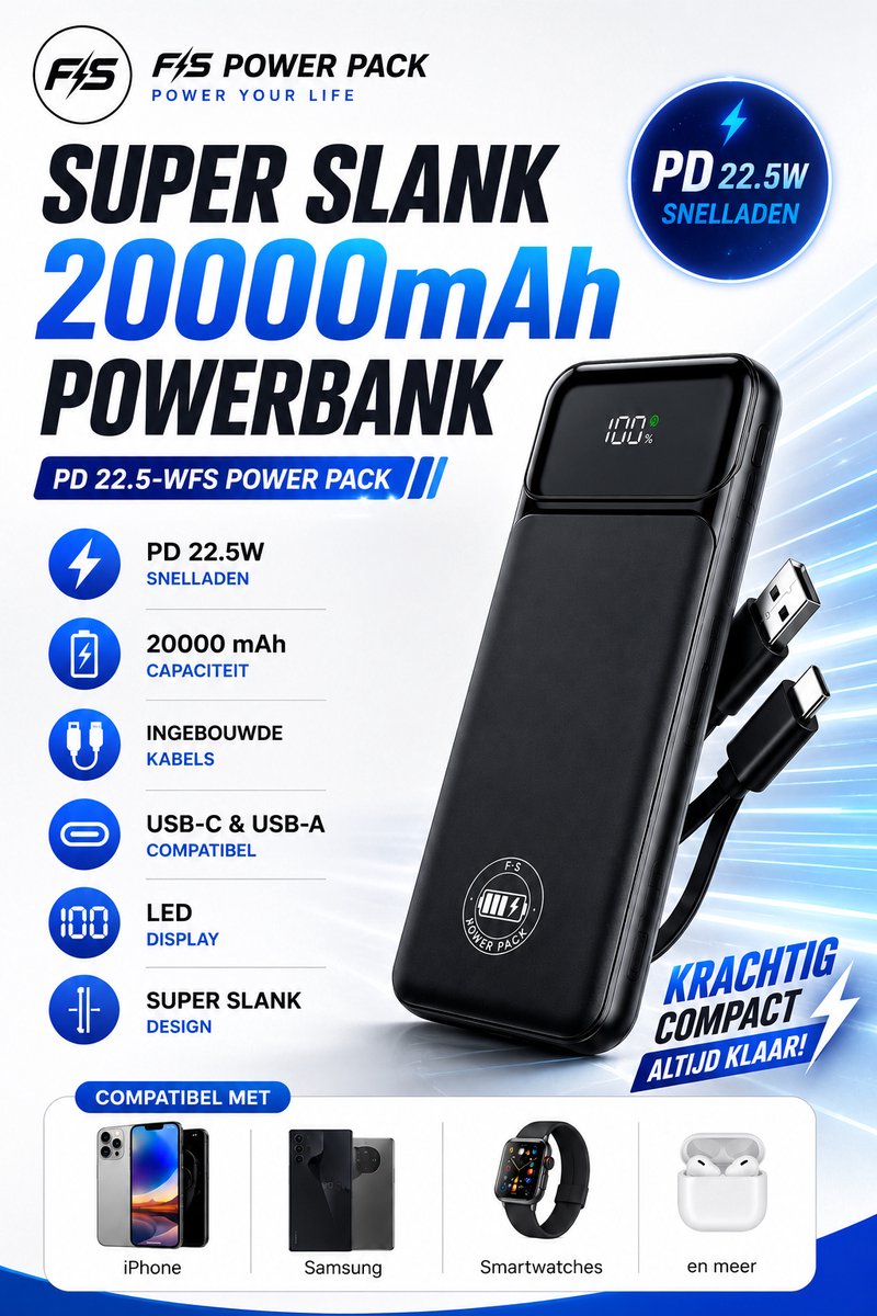 Super Slank 20000mAh-Powerbank - PD 22.5-WFS Power Pack Powerbank 20000 mAh – PD 22.5W Snelladen – Super Slank – Met Ingebouwde Kabels – USB-C & USB-A – LED Display – Externe Oplader-iPhone/Samsung- Zwart