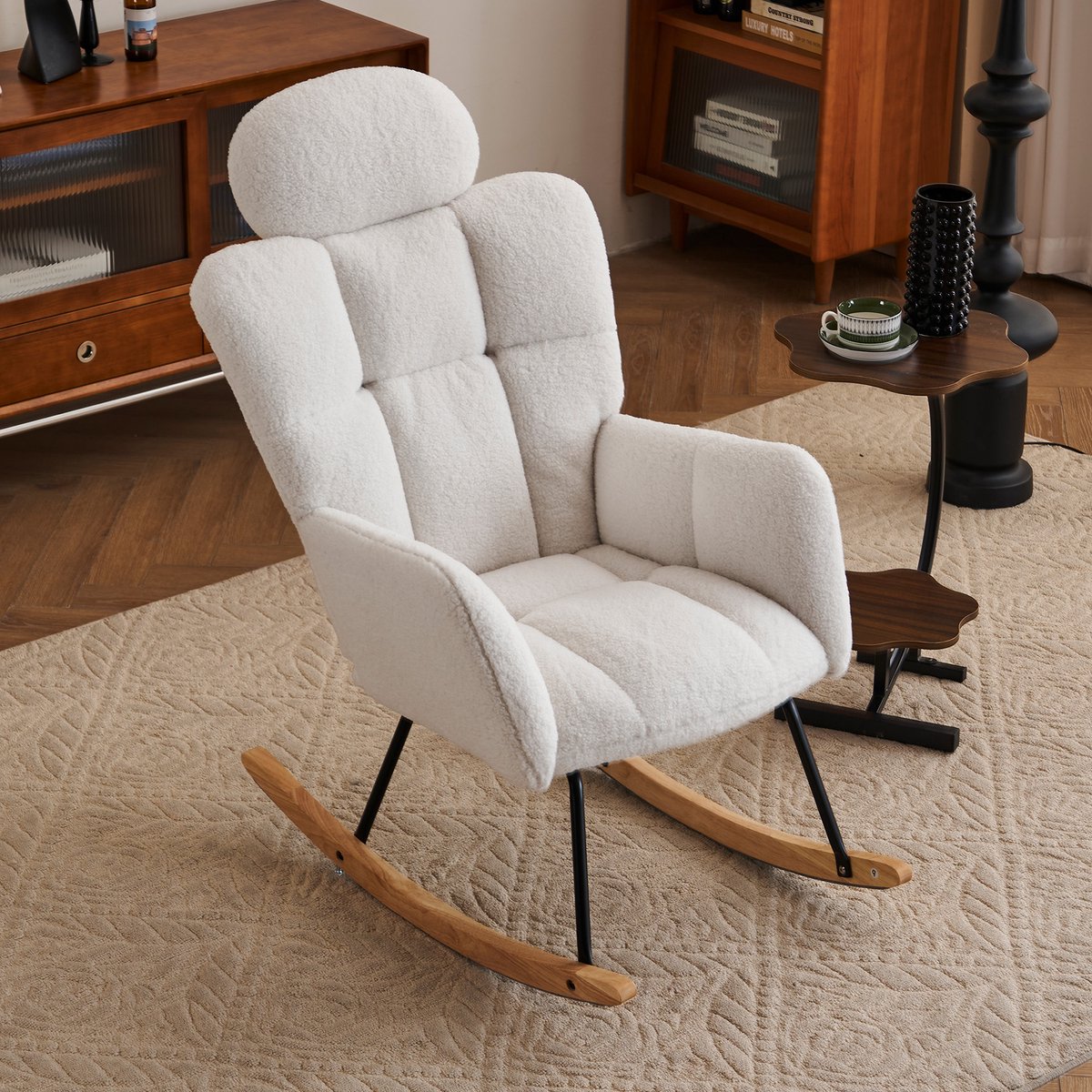 HAUSS SPOLE Schommelstoel - Comfort Teddy - Gestoffeerd Met Hoofdkussen & Viltbodem - 1-Zits 102x70x107 cm - Fauteuil/Relaxstoel - Woonkamer - Teddy Wit