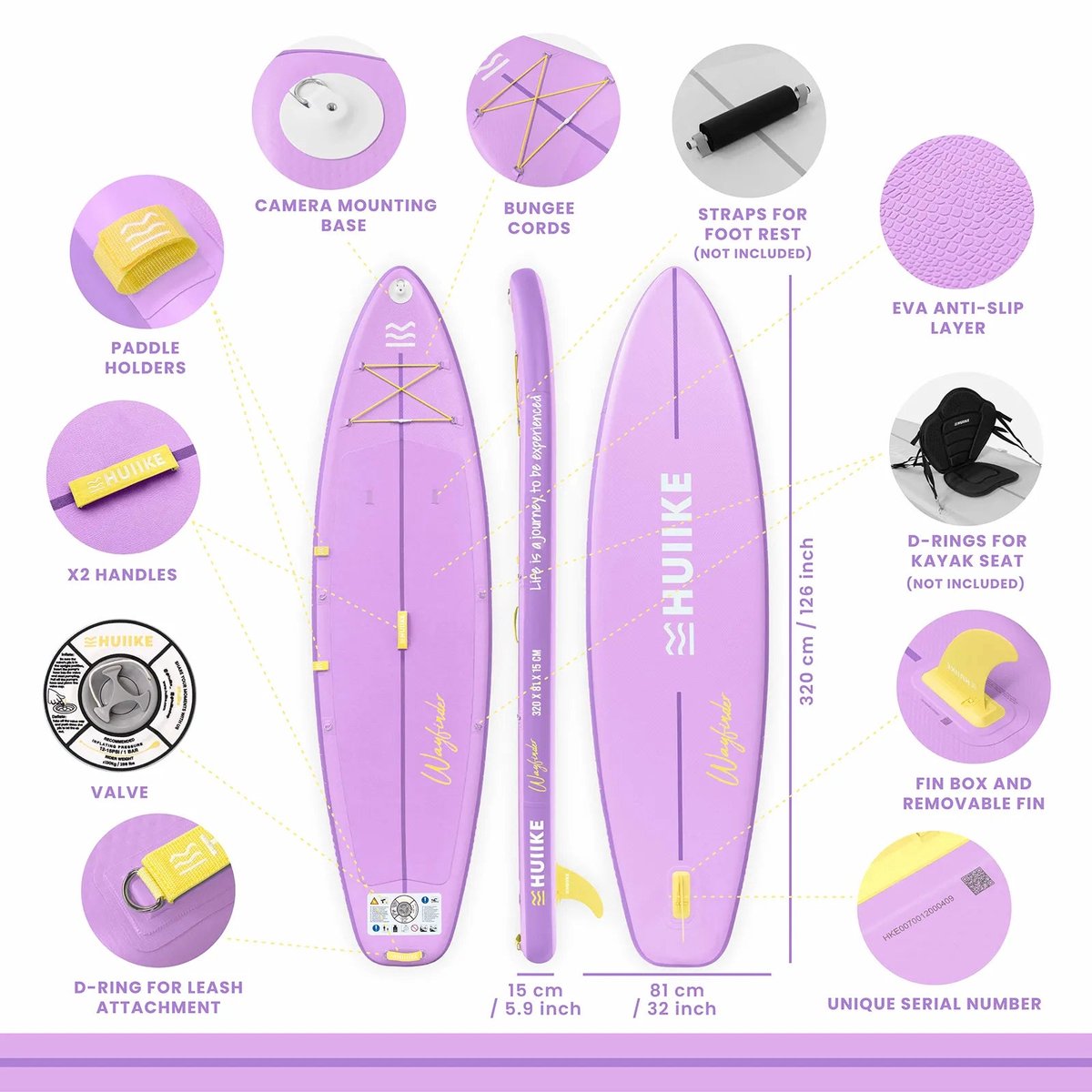 HUIIKE SUP Board Touring - Opblaasbaar Paddle Board met Accessoires, Peddel, Vinnen, Pomp - Stand Up Paddle Hoge Stabiliteit - 320 x 81 x 15 cm - Max. 130 kg – foto 2