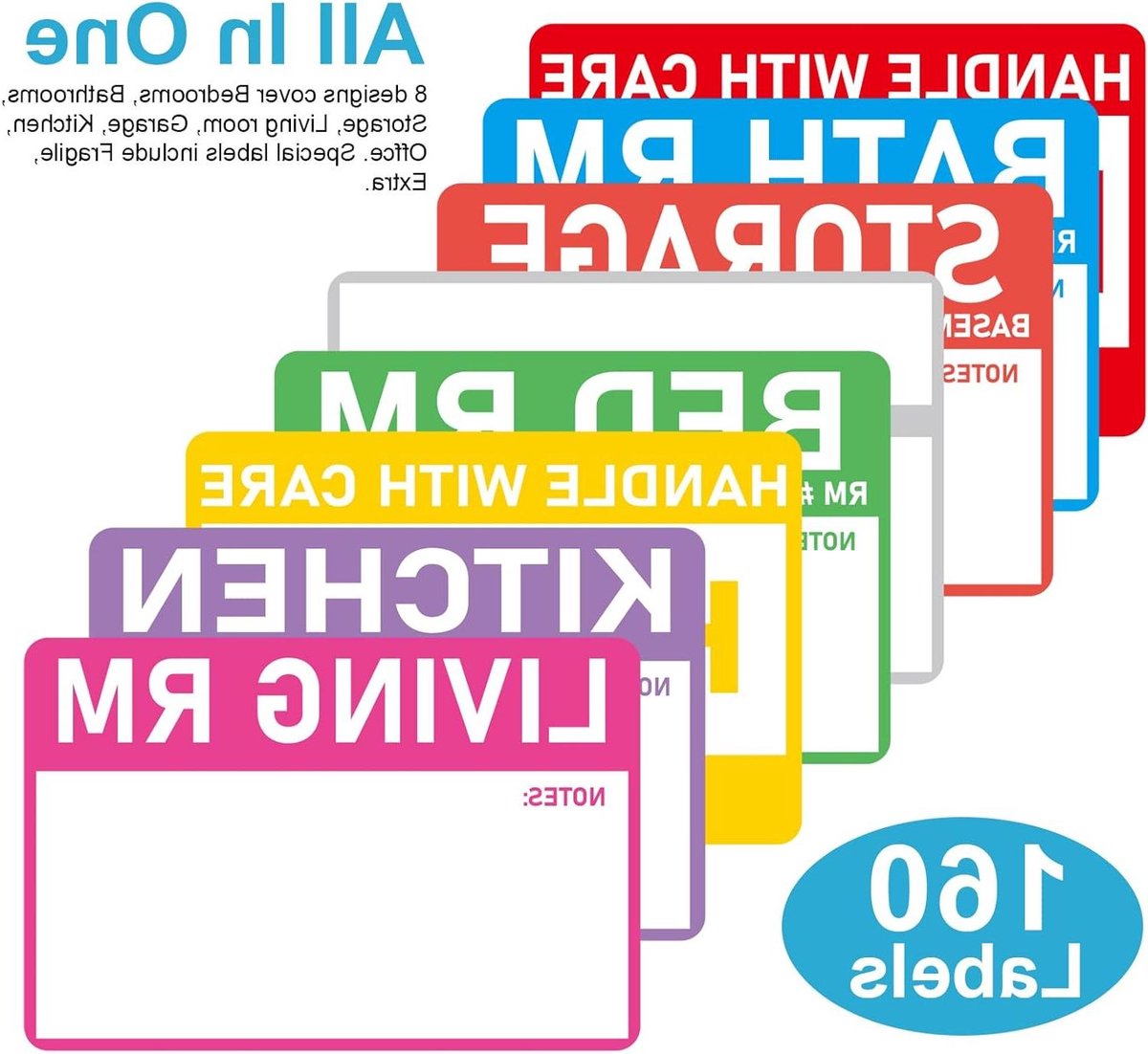 Verhuisdozen Etiketten - Verpakking Stickers - Dozen Sorteren - Waterdicht Synthetisch Papier - 160 Stuks - Meerkleurig