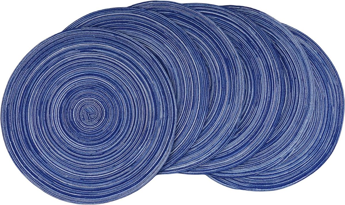 Placemats Ronde Set - Tafelmatten Geweven - Eettafel Beschermen - Hittebestendig Antislip - Set van 6 - Blauw