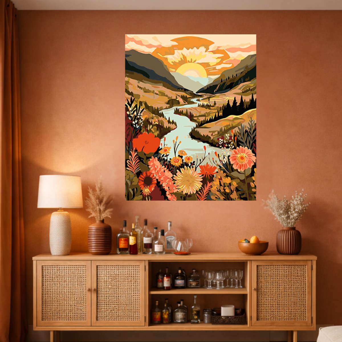 MET FRAME - Paint by numbers Volwassenen – schilderen op nummer – Creatieve hobby – Ontspanning Thuis – Cadeau idee – Compleet pakket – DIY decoratie – Landschap – Rivier – Zonsondergang – River at Golden Hour — afbeelding 5
