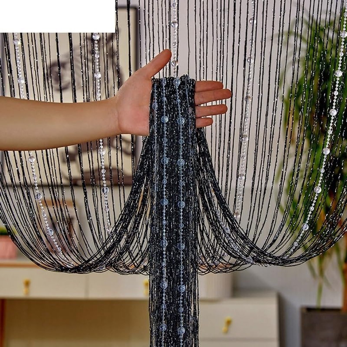 Vliegengordijn, Deurgordijn, Gordijn van draad met kristallen kralen, schermgordijn met kwastjes, geschikt voor deuropening, binnen decoratie, salon, bruiloft, feestdecoratie, woonkamerafscheiding - 1x2 meter(zwart)| Cyslmuk®