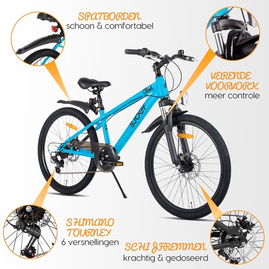 SJOEF Climb Jongensfiets / Mountainbike 24 inch - Kinderfiets 8-12 Jaar - 6 Versnellingen - Schijfremmen - Verende voorvork - Spatborden - Kettingkast - LED verlichting -| Blauw van SJOEF — afbeelding 4
