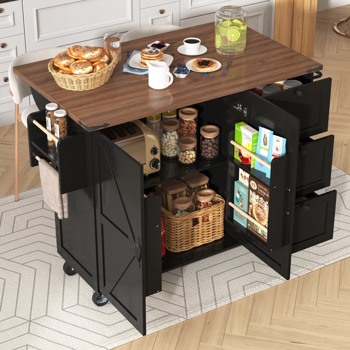 MIVRAY Keukeneiland - Met Uitschuifbaar Werkblad En Wielen - Voor Koken En Opbergen - MDF - 140x45x92,5 Cm - Zwart