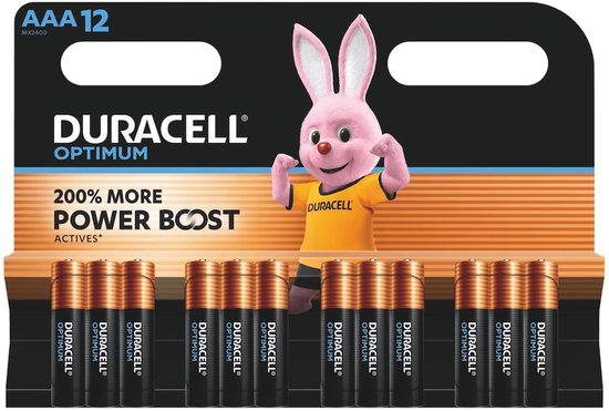 Piles Duracell Optimum AAA, 12 pièces, avec le lapin rose Duracell.