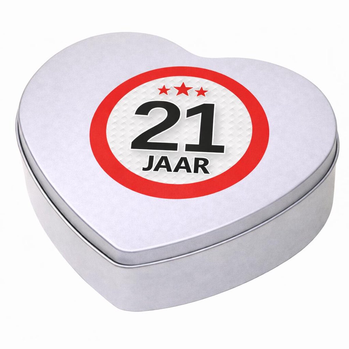 Cadeau 21 jaar - hartjes snoep blik met leeftijd etiket - 18x17 cm - verpakking - verjaardag