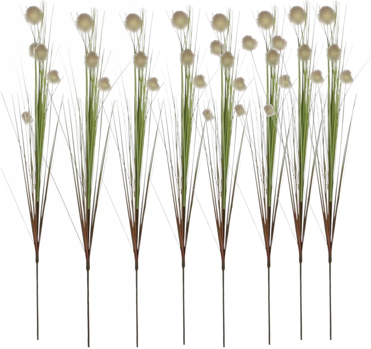 Mica Decorations 8x - Rietgras kunstplant losse steel - tak - groen/pluis bollen - wit - 84 cm Khaki groen