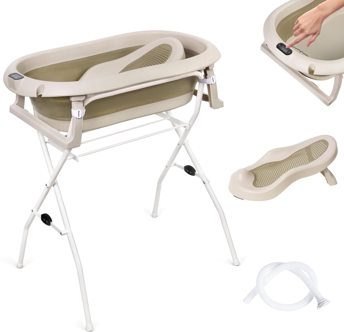 moovkee. Babybad met Standaard 80 cm - Opvouwbare Babybadewanne Beige met Thermometer, Badesitz en Afvoersysteem - Veilig Babybad voor Pasgeborenen