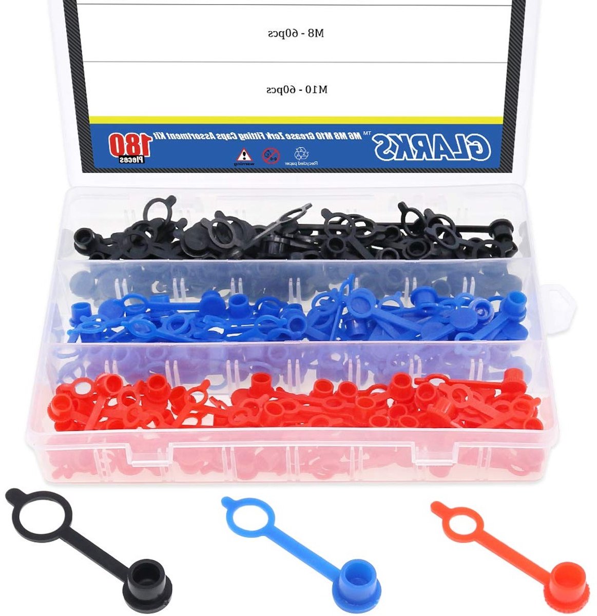 180-delige Set M6, M8 en M10 Zerk Fitting Caps - Remschroef Caps en Stofhoezen met Houder