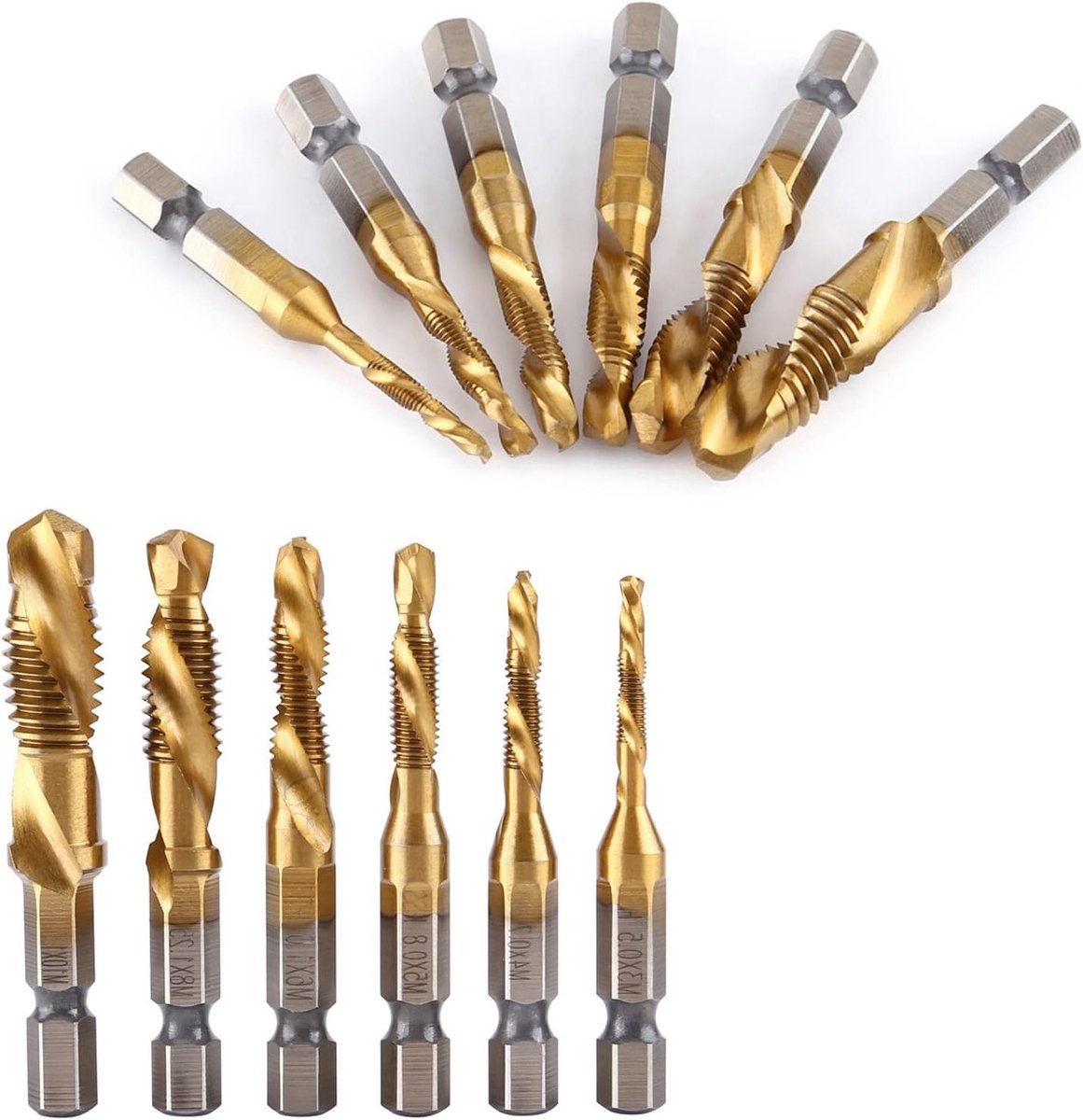 6-delige set HSS boor- en tapbits voor metrische schroefdraad M3 tot M10 met 1/4 inch hex shank, ideaal voor precisiewerk en metaalbewerking
