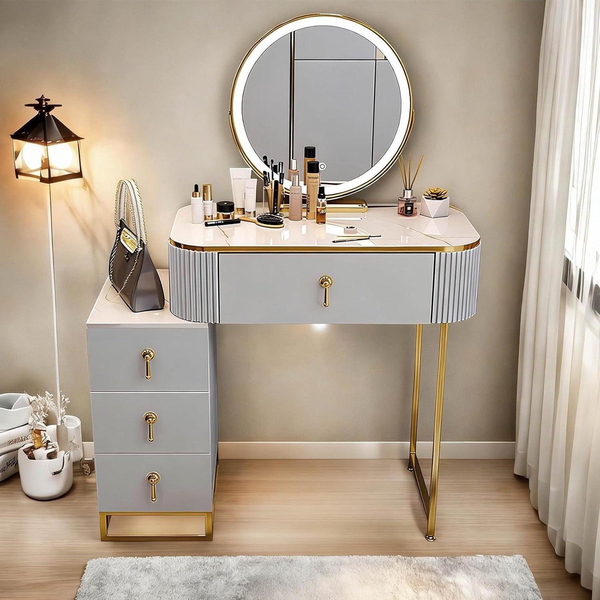 Kaptafel met licht - Make-uptafel kruk - Schoonheid verzorgen - Instelbare spiegel - 70 cm - Lichtgrijs