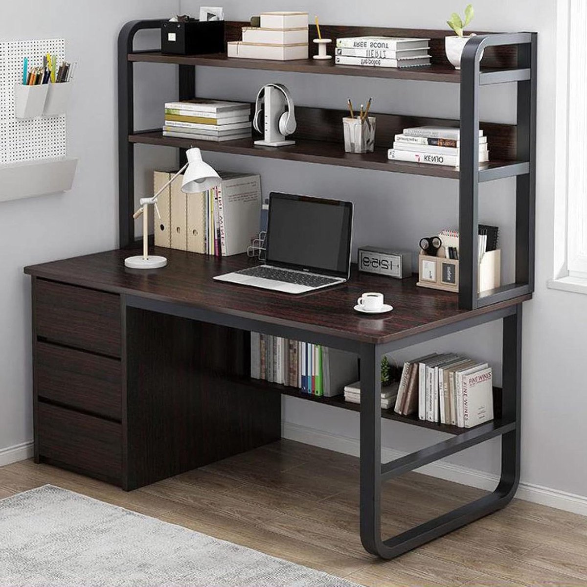 Computerbureau Kast - Werkstation Thuis - Thuiswerken Organiseren - Met Boekenplank Lades - 39 Inch - Zwarte Walnoot