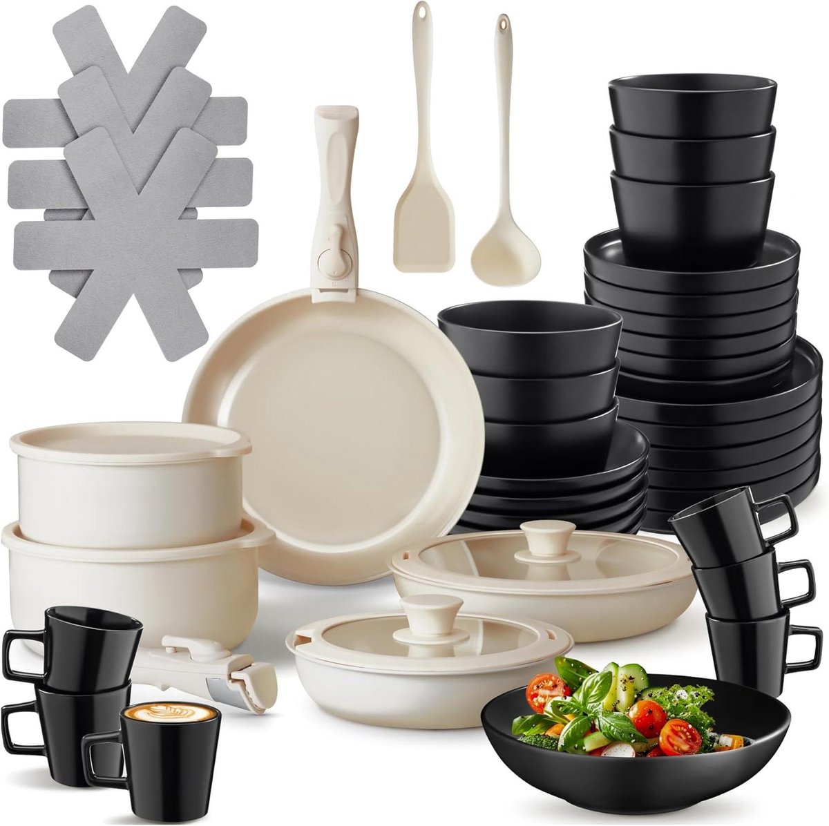 Pannenset met Servies - Kookgerei Set - Compleet Koken - Antiaanbaklaag - 46 Delig - Zwart Wit