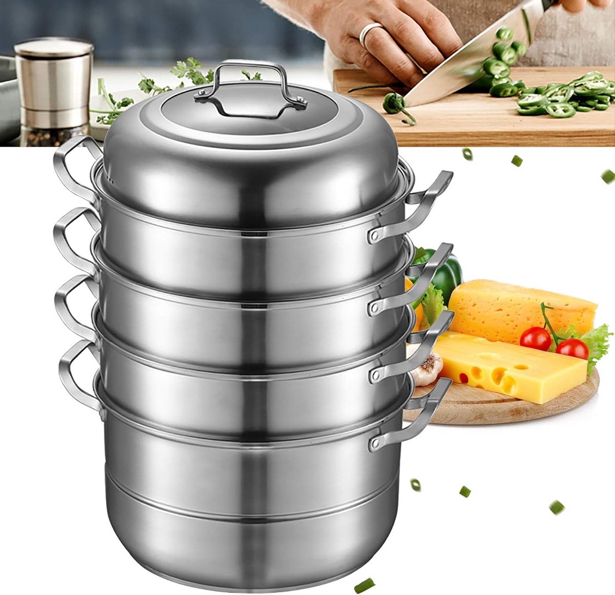 Stoompan - Stoommandje - Stoofpan met Deksel - 3 Laags - Zilver met Zwart - compacte opslag