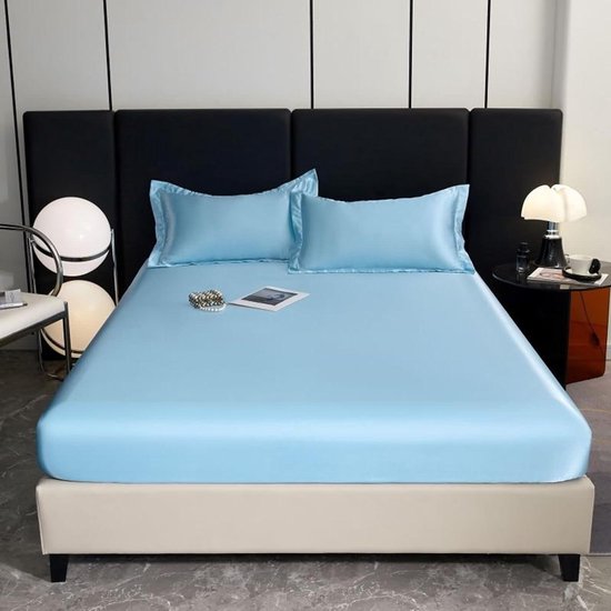 Damier Satijnen hoeslaken, 140 x 200 cm, blauw met zijdeglans, luxe effen hoeslaken, geschikt voor matrassen tot 30 cm hoog