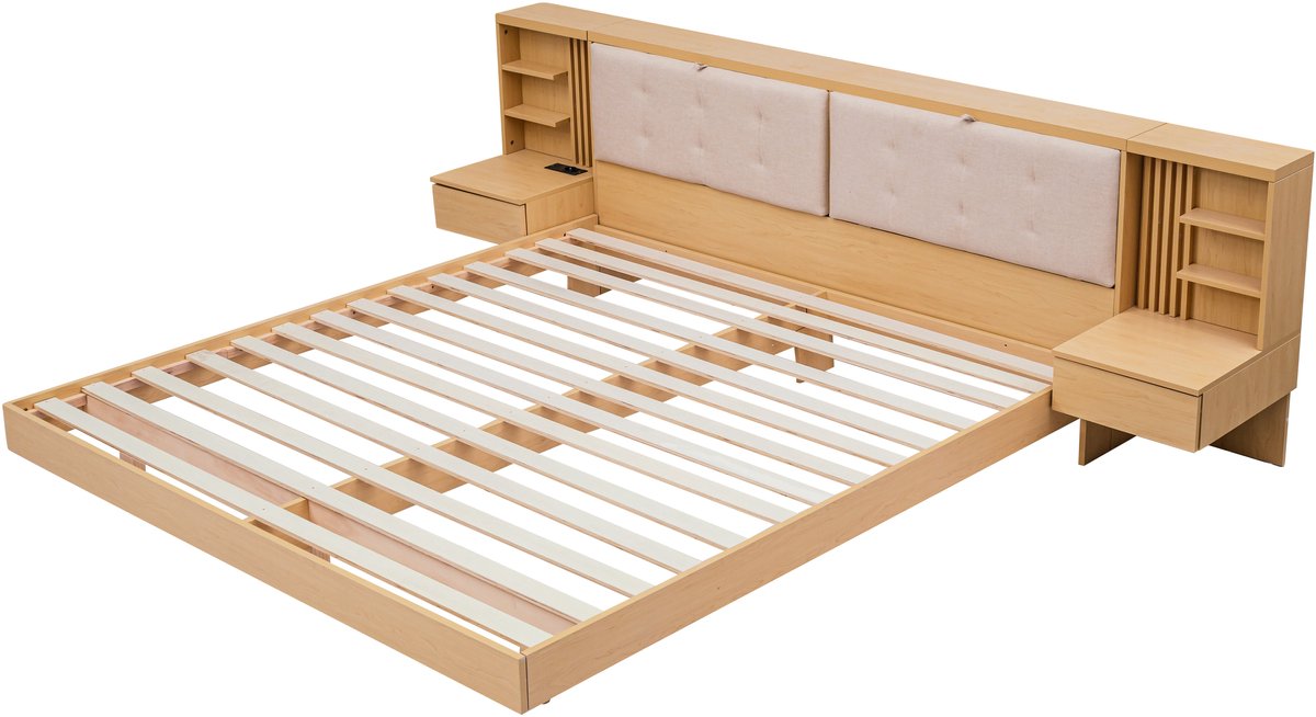 Merax Bed met Opbergruimte 180x200 cm - Zwevend Bed - Gestoffeerd Bed - met Hoofdbord en Lades - USB Aansluiting - Houtkleur
