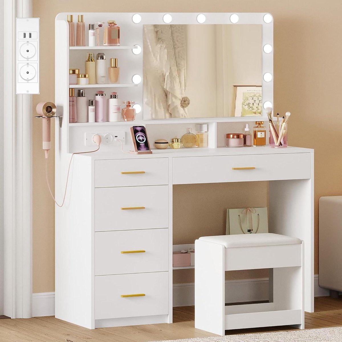 Kaptafel met Verlichting - Make-up tafel - Schoonheidsroutine - Geïntegreerde stopcontacten - 40 x 108 x 139 cm - Wit