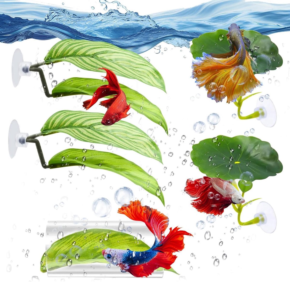 Betta Hammock Set voor Aquariums - 5 Stuks Plastic Planten en Tunnel Decoratie voor Vissen, Ideaal voor Rust en Broedplaats met Zuignappen