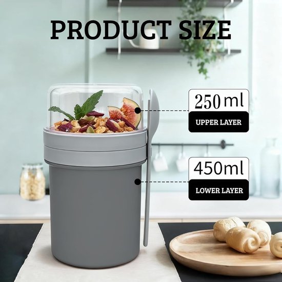 Muesli beker - Yoghurt beker to go - Overnight oats beker - Lunchbeker - Lekvrij - Met deksel - Herbruikbaar - Voor werk, school en onderweg - Grijs — afbeelding 2