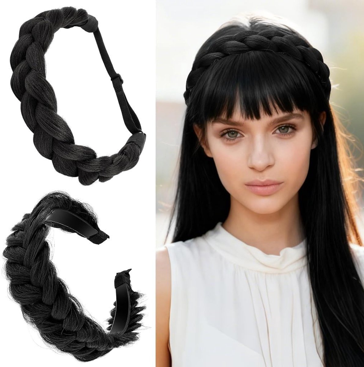 Handgemaakte Woven Haarbanden - Rekbare Elastische Haaraccessoires met Antislip Tanden en Synthetische Haarlokken voor Vrouwen, Perfect voor Mode en Stijl
