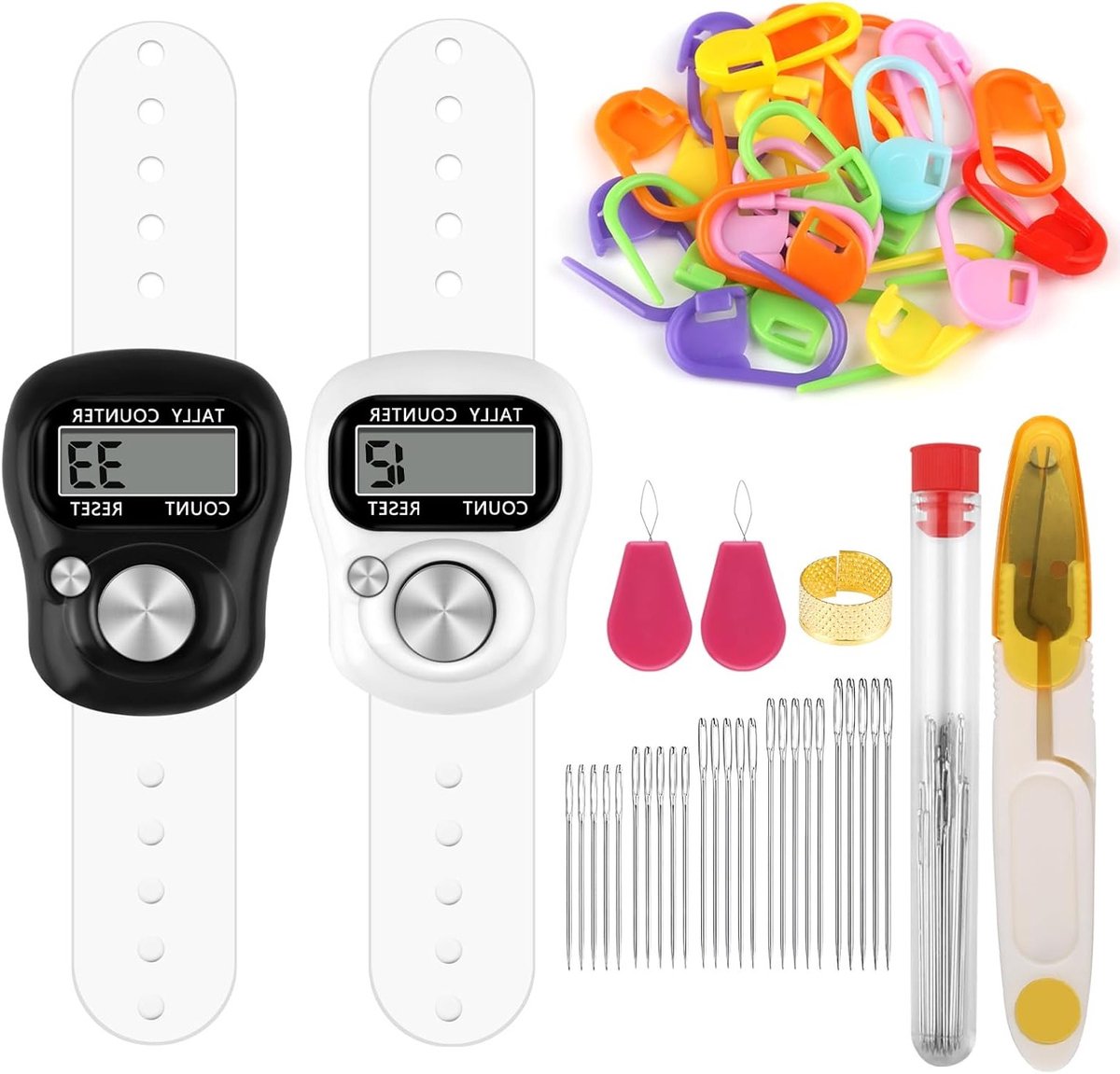 Set van 2 Mini Elektronische Vinger Tellers met Haak Marker, Ideaal voor Breien, Golf en Basketbal, Ronde Stik Teller in Zwart en Wit