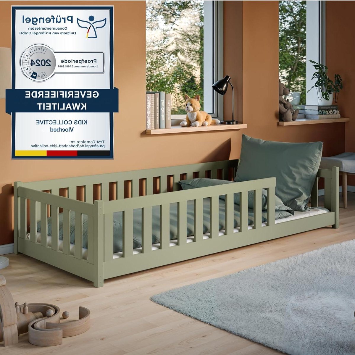 Kinderbed Vloerbed - Montessori ledikant - Veilig slapen - Met valbeveiliging - 90x190 cm - Olijfgroen