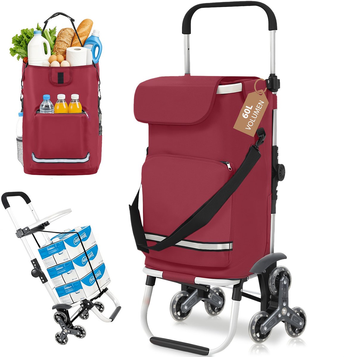 XXL 3-Wielige Trapklimmende Boodschappenkar Donkerrood  Opvouwbaar & Verstelbaar | 3-in-1 Trolley met Koelvak & Drankenhouder