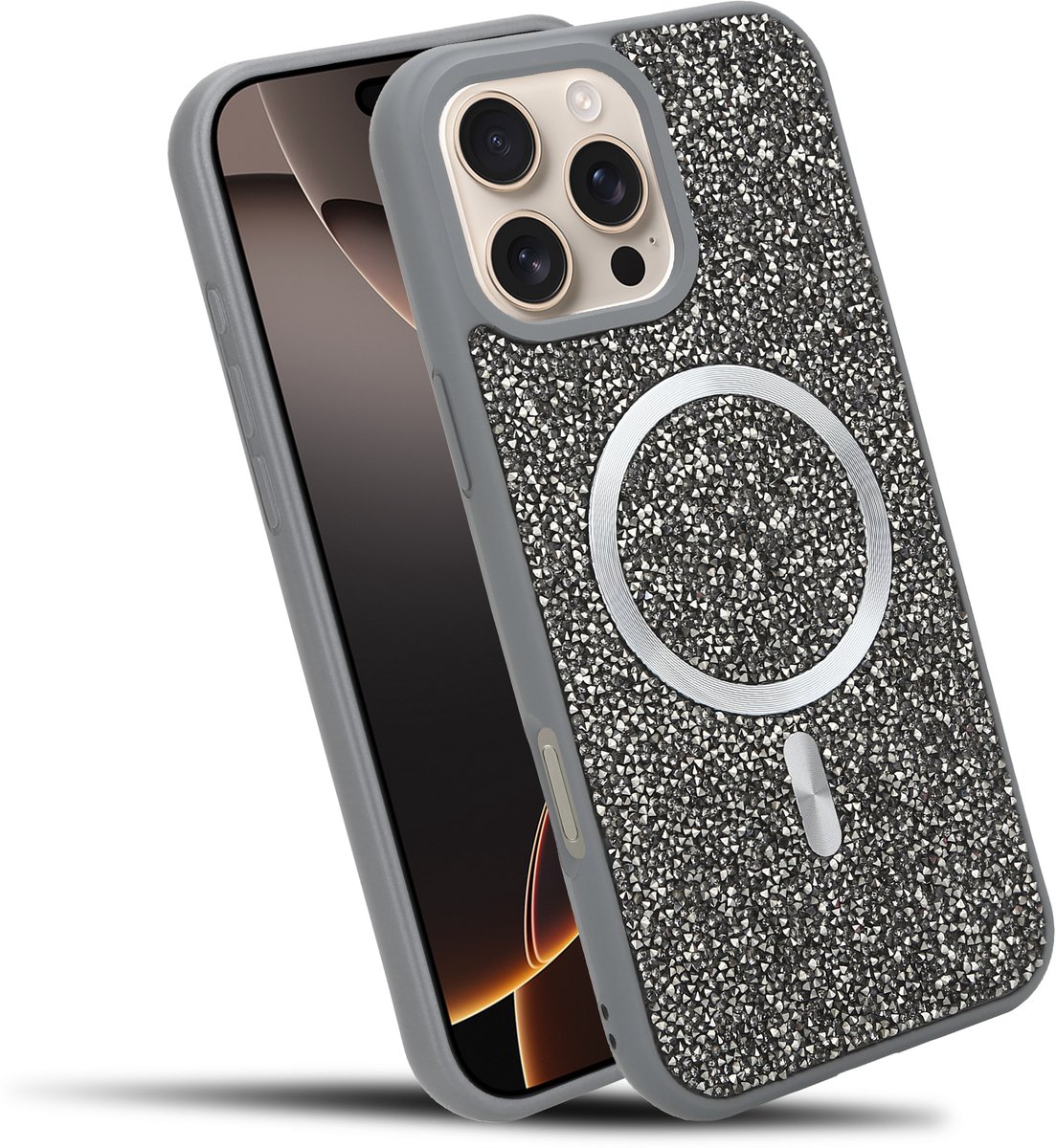 Hoesje geschikt voor iPhone 16 PRO MAX in Grijs Diamant Glitter Stijl