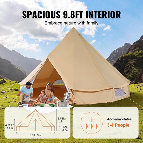 Velmio Tipi Tent - Glamping Tent - 4 Persoons Tent - Canvas - UV Zonbescherming - Kampeertent - Yurt Tent - met Kachelopening - 3 Meter - Beige — afbeelding 3