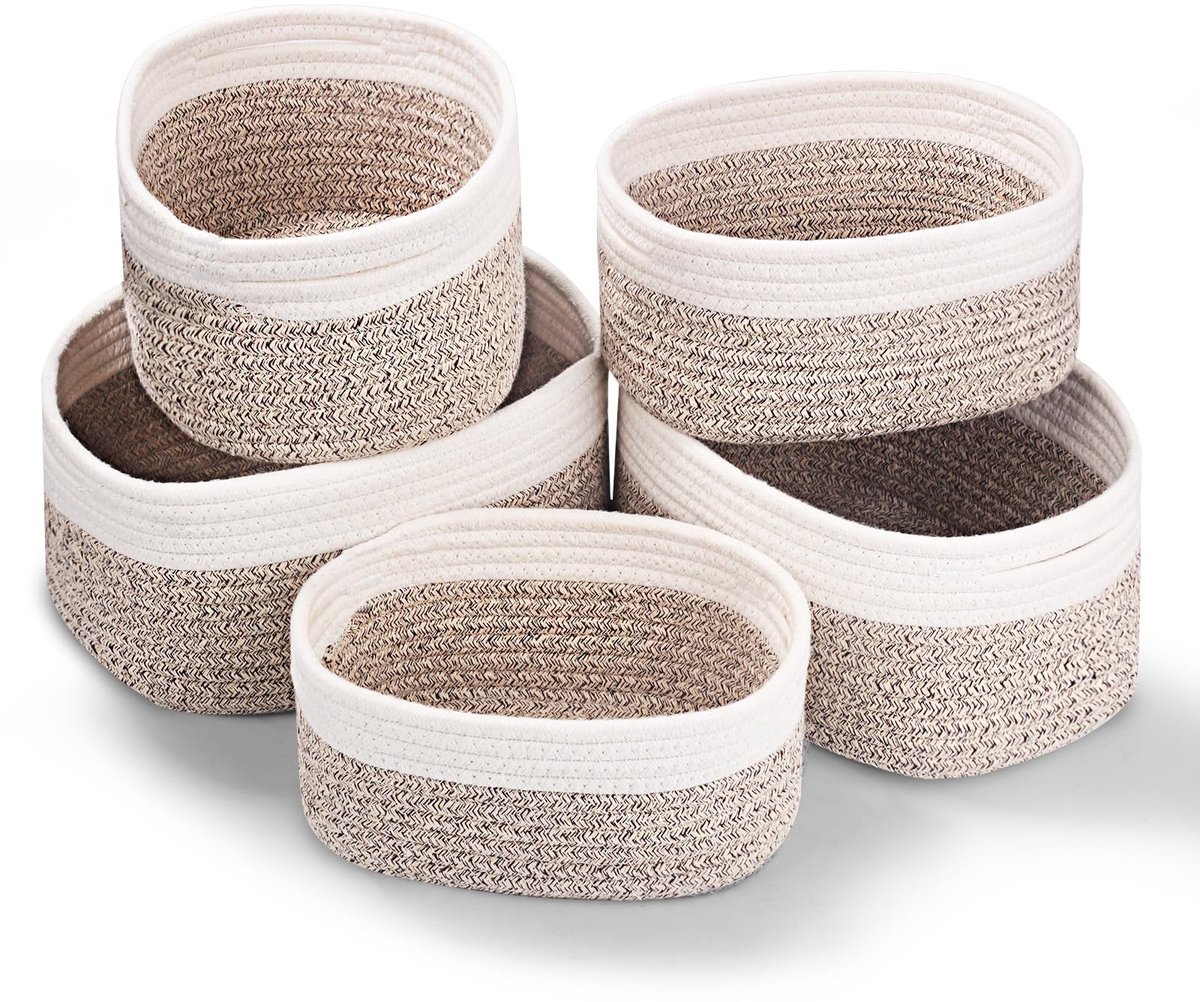 Dailygoods- Opbergmanden Set van 5 - Katoenen Touw - Stapelbaar - Organizer - Veilig voor Kinderen - Lichtgewicht met Handgrepen - Opbergdozen