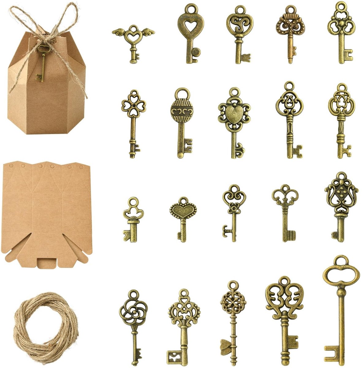 Dailygoods- Sleutel Charms 20 Stuks - Antiek Brons Bedels - Papieren Dozen - Henneptouw - Verjaardag/Bruiloft - 7,5-40 mm Grootte