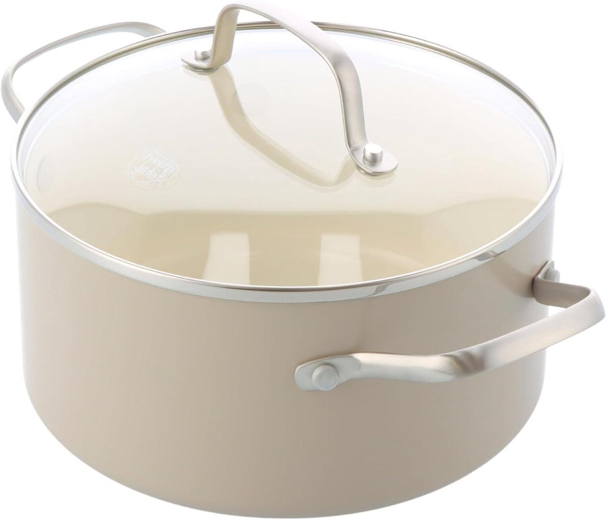 GreenChef Noir Ceramic Non-Stick Cooker, 18 cm/2.11 L, Induction Suitable for Induction, Stainless Steel Handle, PFAS-Free, Oven Safe up to 220°C, Dishwasher Safe, Cream Colour