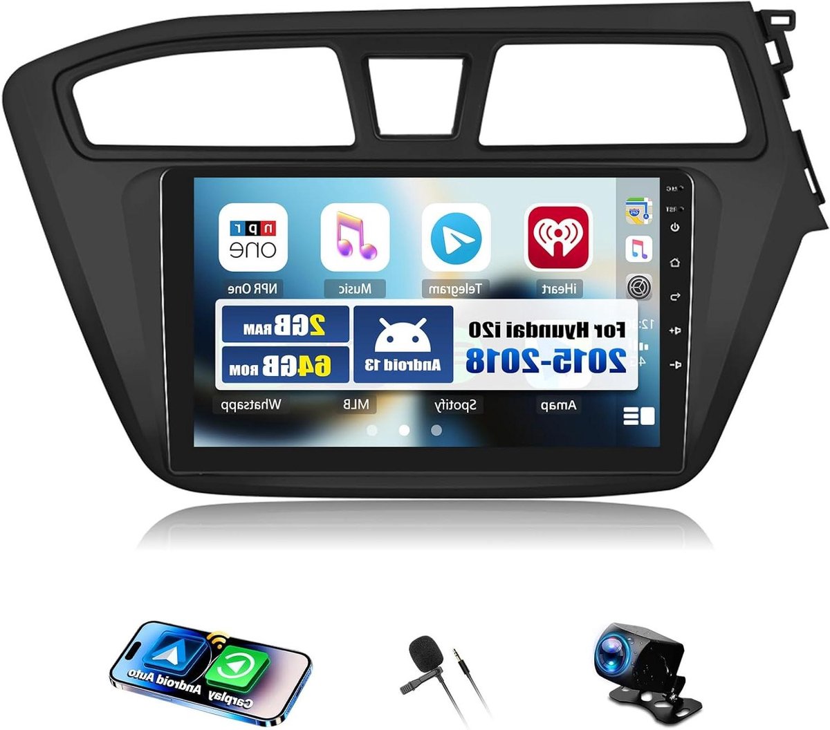 CAMECHO 2+64G Android 13 autoradio voor Hyundai i20 2015-2018 met 9 inch touchscreen met HD achteruitrijcamera, RDS FM-radio Bluetooth met GPS WIFI Wireless Carplay Android Auto Mirror Link