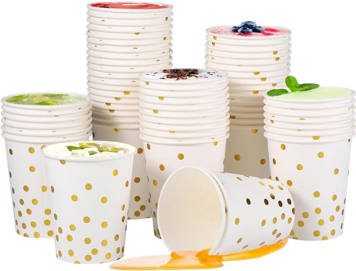 Dailygoods- Papieren Bekers 60 Stuks - Biologisch Afbreekbaar - Gouden Stip - Feestbekers - Warme/Koude Dranken - Doe-het-zelf Ontwerp - Wegwerpbekers
