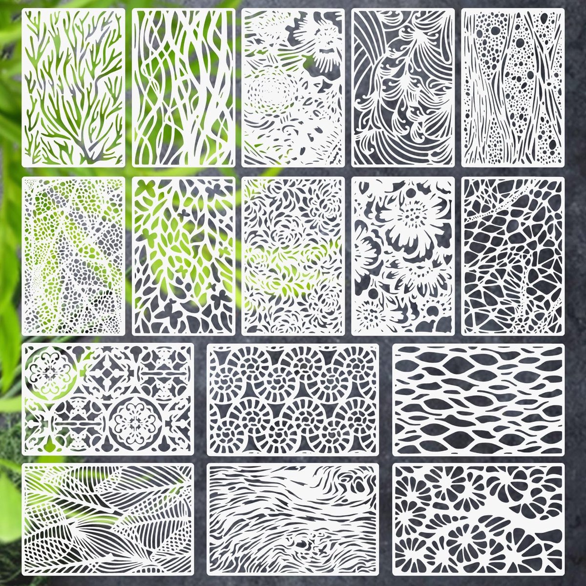 Dailygoods- Sjablonen 16 Stuks - Herbruikbare Plantensjablonen - Wandvormgeving - Sjablonen voor Schilderen - Creatieve Knutselset - Natuurlijke Rankenpatronen - Schilderstencils