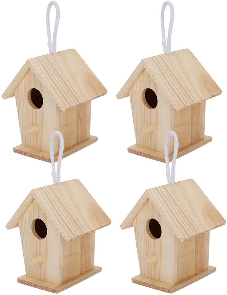 Dailygoods- Vogelhuisje Houten Set van 4 - Mini Vogelhuisjes - Hangend Vogelnest - Knutselset voor Kinderen - Geschikt voor Alle Soorten Vogels - Afmetingen 7 x 4 x 7 cm