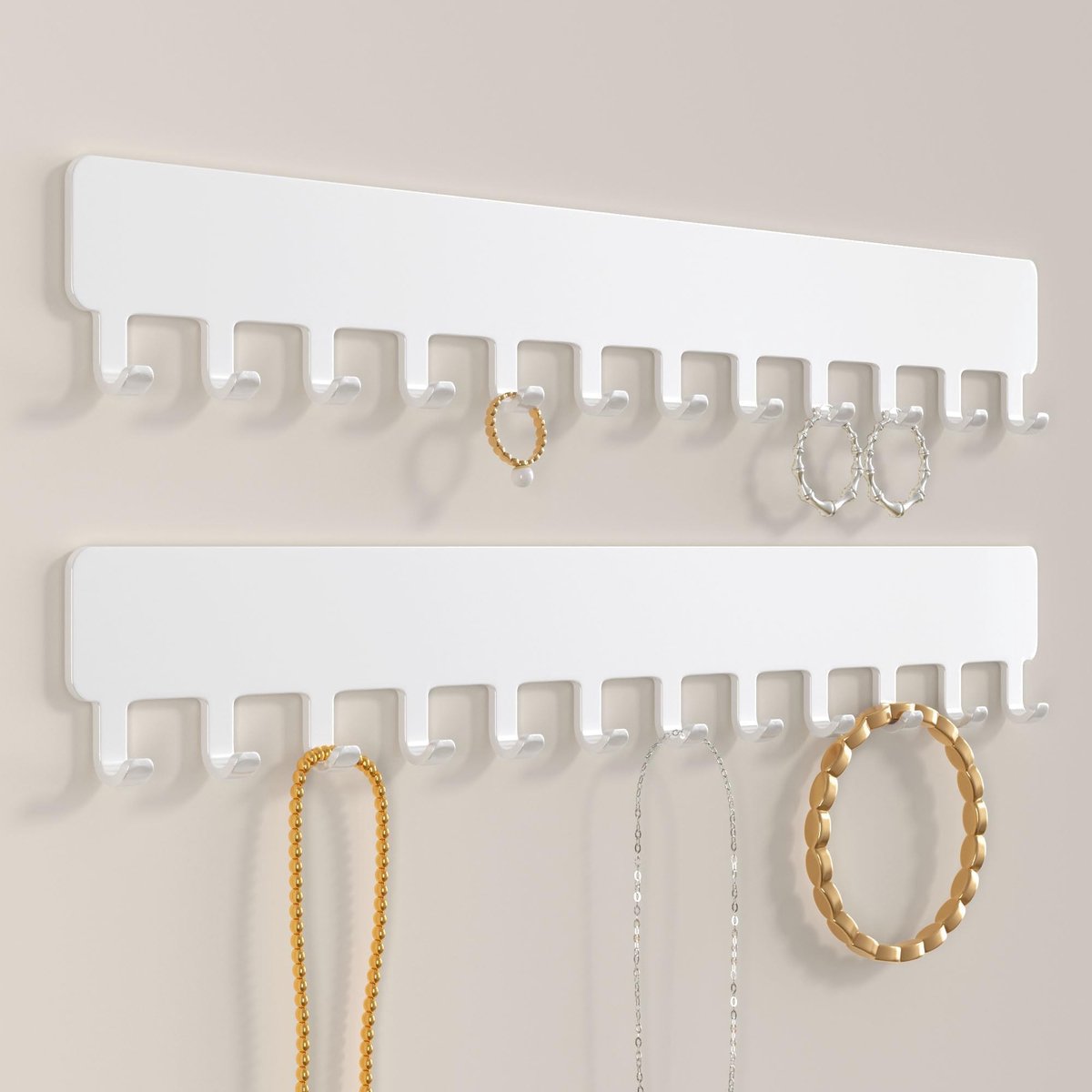 carmdering - Wandopslag Voor Kettingen - Sieraden Organizer - Muurhaak Set - Zelfklevende Installatie - Ruimtebesparend Ontwerp - Duurzaam Metaal - Wit Modern Design - Voorkomt Verwarde Sieraden - 2 Stuks
