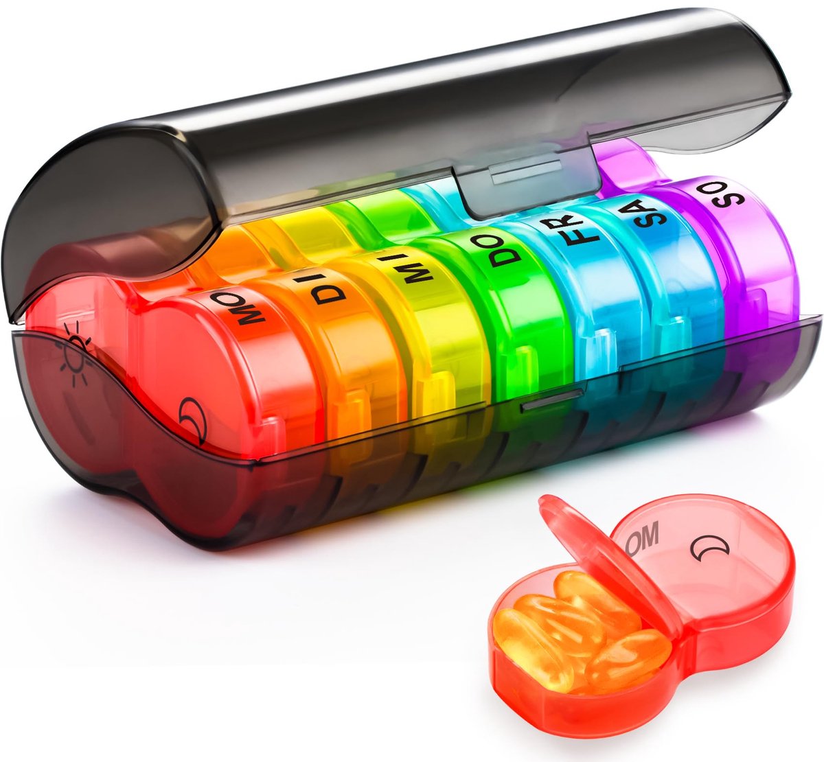 carmdering - Pillenbox - Medicijn Organizer - Weekelijkse Pil Doos - 7 Dagvakken Met Ochtend En Avond Secties - Afneembaar Design Voor Reizen - BPA-Vrij Voedselveilig Kunststof - Slijtvaste Duidelijke Etiketten - Compact Lichtgewicht Draagbaar