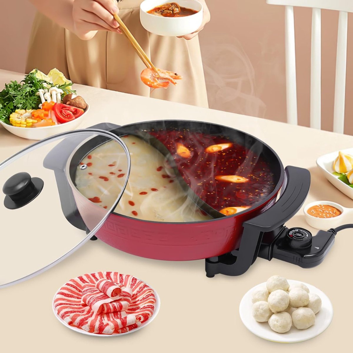 QUOVO® Hotpot Pan - Hotpot Electrisch - Chinese Fondue - Multifunctionele Pan - 6L - Rood - 42cm x 17cm x 9cm