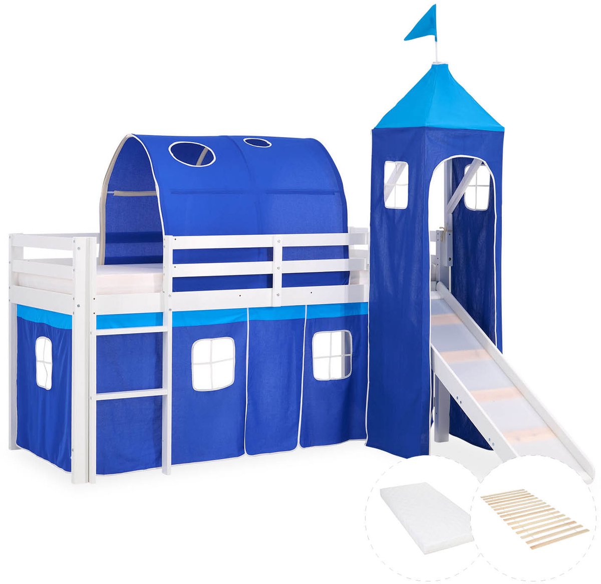 Homestyle4u Hoogslaper - 90x200 cm - met matras - toren - tunnel - glijbaan en met blauwe gordijnen Wit