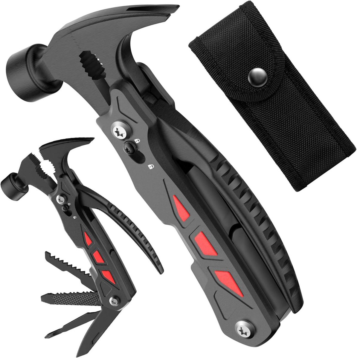DOWO Multitool Hamer 12-in-1 - Multitool Zakmes - Gereedschap Multitool - Survival Tool - Multifunctioneel Gereedschap voor Camping en Outdoor - Met Tang, Schroevendraaier, Mes en Flesopener