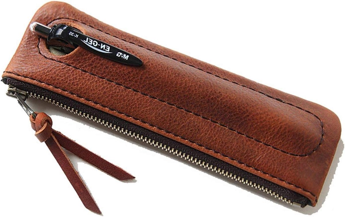 Leren Pennenzak - Schrijfwarentas Etui - Dagelijks Gebruik - Duurzame Rits - 17x5x1cm - Roodbruin