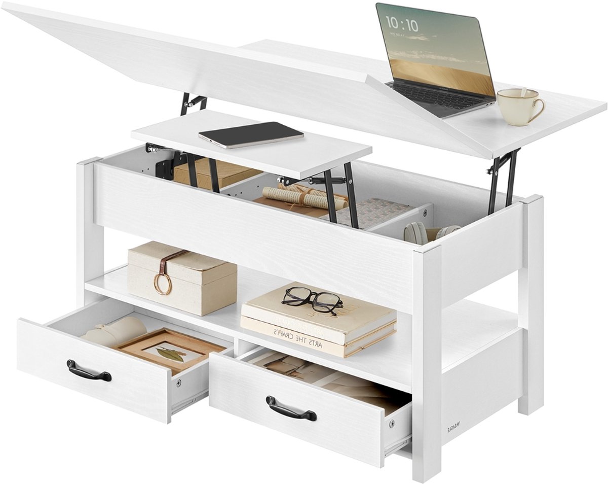Vasagle Salontafel - Bijzettafel - Met Verstelbaar Blad - Veel Opbergruimte - Voor Woonkamer Wit