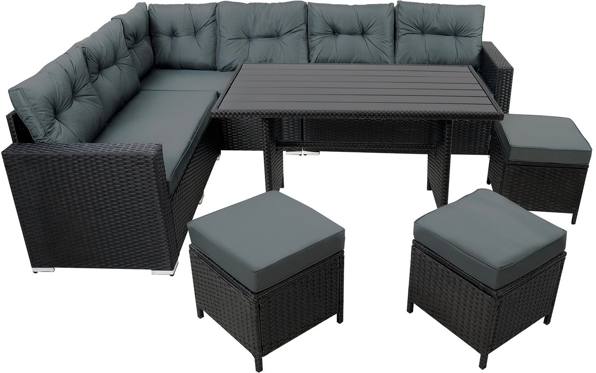 Rotan hoek loungeset zwart - L-vormige tuinbank krukken polywood eettafel